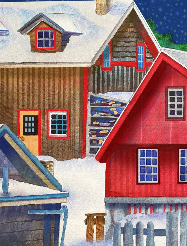 Mixed media image of northern Minnesota houses by M. Novak