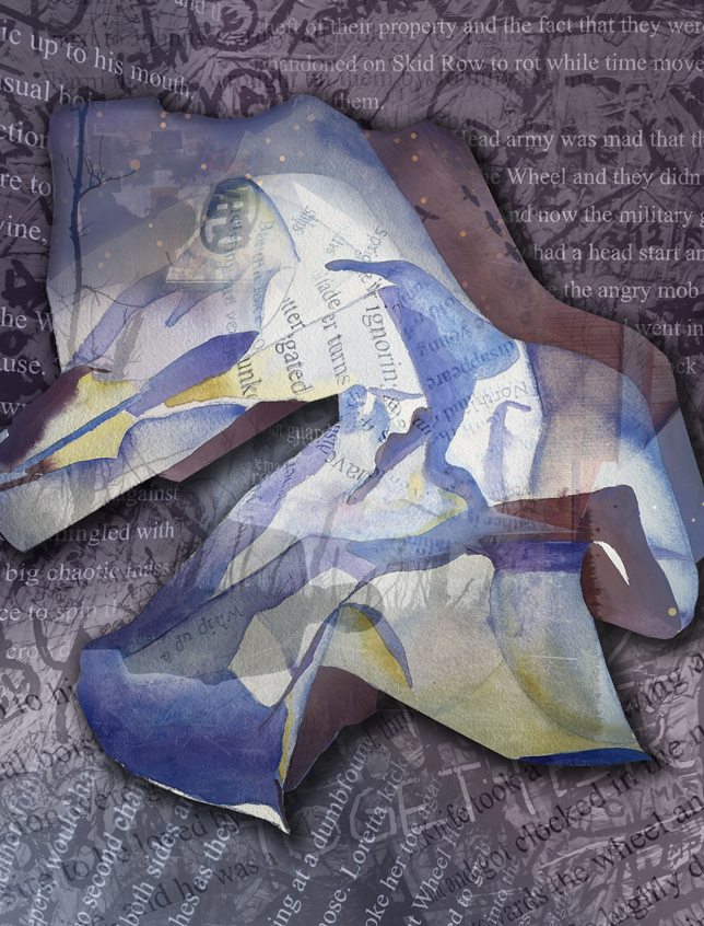 Mixed media image of crumpled book page by M. Novak